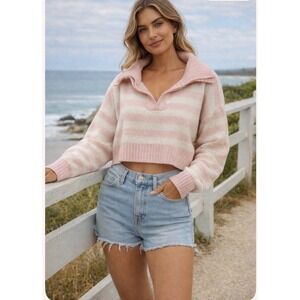 Bo+Tee Striped Knit Cropped Sweater Pink Cream Oversized V-Neck Small
#75